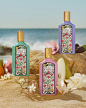 In a seaside setting, we see mounds of sand with a bottle of the purple Flora Gorgeous Magnolia placed on the highest. Beneath it is a bottle of the pink Gucci Flora Gorgeous Gardenia and then a bottle of the green Gucci Flora Gorgeous Jasmine. A selectio