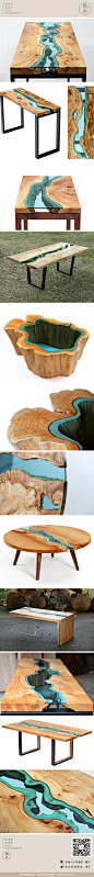 【华丽的玻璃河木桌】从附近流淌着的Noonsack河、和河岸的树木中获得灵感，家具制作师格雷格·克拉森（Greg Klassen）创建了一组名为「River Collection」的系列家具。克拉森的这组作品直接取用了从Noonsack河岸回收过来的木料，对木材参差不齐的边缘的保留，更自然的模仿了河岸，与嵌入其中的青绿色玻璃完美的整合，创建出了一条条富有动感的美丽玻璃河。