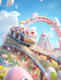 3D modeling poster, an oversized roller coaster rushing out of the scene, super perspective, empty seats on the car, through the grass, cartoon buildings in the background, light blue sky, white clouds, c4d, oc renderer, high definition, 8k
