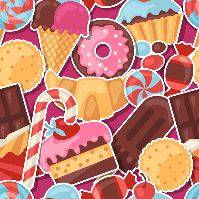 彩色糖果甜点无缝背景矢量素材，素材格式：...