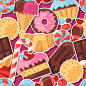 彩色糖果甜点无缝背景矢量素材，素材格式：EPS，素材关键词：背景,甜点,甜甜圈,蛋糕,饼干,糖果,拐棍糖,冰淇淋