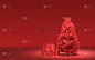 地面上的礼盒和单一的圣诞树单色纯红色在红色背景与复制空间，3d渲染