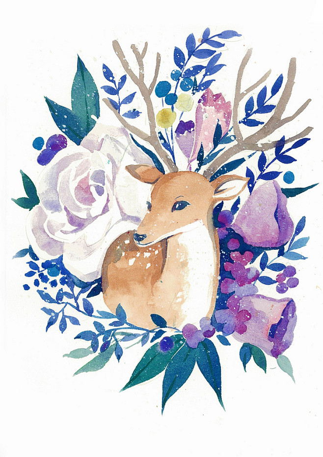 鹿与花—水彩插画欣赏