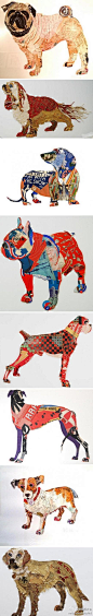 #求是爱设计#英国艺术家Peter Clark的狗狗拼贴画！油票、地图、标签、情书、报纸，这些废旧的东西被重新利用起来，形成了栩栩如生的狗狗拼贴画。