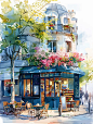 垫图1 垫图2 A watercolor painting shows the front view of an art studio with flowers and trees in Paris. in the style of cartoon, with cartoon trees, 2D art, bright colors, high detail, white background, full color, high resolution, high quality, high definit