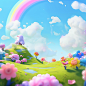 Open space, blue sky with cotton-like clouds, pink flowers, rainbow, fantastic cartoon style, cute, clear details, 3D, no characters