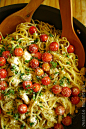 Spaghetti in Garlic Gravy with Herbs & Lemon Marinated Chicken & Cherry Tomatoes
