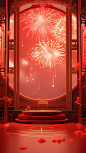 Chinese new year fireworks in the red background, in the style of trompe l'oeil compositions, daz3d, narrative paneling, mirror rooms, nature-inspired art nouveau, interior scenes, minimalist backgrounds