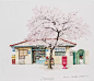 清新的插圖來自韓國插畫師Me Kyeoung Lee ，他花費了近20年的時間收集整理韓國街邊的便利店或小商鋪，經歷春夏秋冬，將它們繪製成了很有意境的插圖。「1」 ​​​​