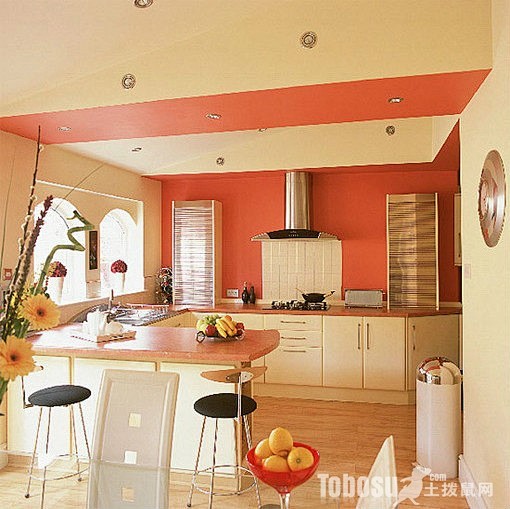 粉色系厨房吧台效果图—土拨鼠装饰设计门户