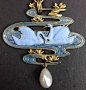 Lalique 1900 signed Pendant Deux Cygnes Bleus: enamel/ gold/ natural pearl drop, w/a design of two baby-blue swans on a mixed color river. Stamped LALIQUE  <a class="text-meta meta-link" rel="nofollow" href="https://www.faceboo