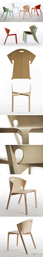 Benjamin Hubert：Pelt椅子——英国设计师Benjamin Hubert为家具品牌De La Espada设计的“Pelt”椅子。一体式的椅面和靠背为的8mm胶合板材质，流畅的曲线一直延伸到前后椅腿，使外形浑然一体。底座十字交叉固定，使其更坚实稳固，多把椅子可以整洁叠放。
