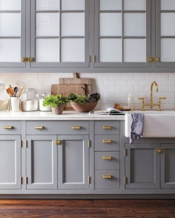 Gray cabinets and br...