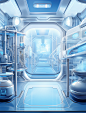 an image of an futuristic laboratory room, in the style of light indigo and light aquamarine, hyper-realistic sci-fi, hyper-detailed illustrations, translucent color, depictions of urban life, light white and sky-blue, snailcore