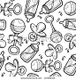Doodle style baby and infant objects seamless vector background ready to be tiled. Includes rattle, pacifier, and bottle.