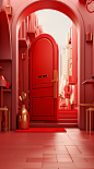 A red door with presents and presents inside it, in the style of modern surrealism, vray tracing, light red and gold, editorial illustrations, grandiose interiors, modernist inspiration, smooth surface