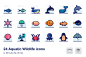 海洋水生野生动物矢量描边图标合集 Aquatic Wildlife Detailed filled outline icons – 设计小咖