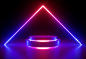 3d render, neon light, glowing lines, ultraviolet, stage, triangular portal, arch, pedestal, virtual reality, abstract background, round portal, arch, red blue spectrum, vibrant colors, laser show