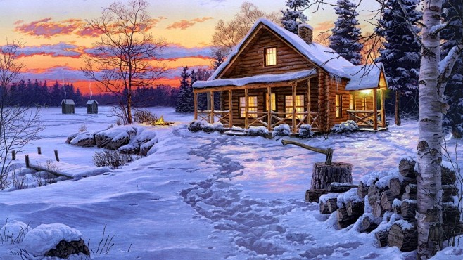 冬天，雪，脚印，房子，灯，天空的图片，风...