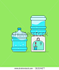 Water cooler vector badge illustration, outline concept, dispenser flat icon shape label, full bottles of water, fresh flowing in glass cup symbol, sticker isolated, pictogram design filtration tool