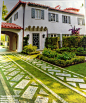 Coquina stone (native to FL) with Cashmere or Diamond (either can be used) zoysia grass is used to create this fully functional driveway. Perfect for south Florida.  Sanchez & Maddux Landscape Architects, landscape architecture, landscape design, pave