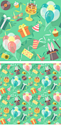 Birthday Party Celebration : Modern flat vector seamless birthday party pattern with colorful icons of gift boxes, balloons, birthday cake, magic tricks, party hat etc. Invitation card, wrapping paper, wallpaper or website background design