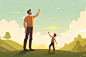 flat vector illustration dad & son playing outdoors in summer time, in the style of heroic masculinity, photo taken with provia, uhd image, gerard david, joyful and optimistic, george inness, balance
