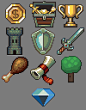 Pixel Art Game Icons, Virginia Smith : Pixel art icons I was hired to create for a mobile game (now canceled).