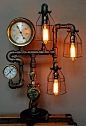 Steampunk Gauge Gear Lamp Light Industrial Art Machine Age Salvage Each lamp has a unique serial number and signed, (serial numbers can be tracked on our website)  Lamp Serial #79 (copyrighted design) Large 7" brass Steam Gauge, made by, ASHTON BOSTO