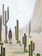 In the cactus, Slawek Fedorczuk : Hi! New series, I started this basically like a two very simple comps to convey cacti in some graphic way. Then it kinda explodes, and I decided to do a little series of sketches. Also, didn't paint night scene for a whil