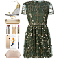 A fashion look from November 2015 featuring green short sleeve dress, metallic wedge sandals and skull clutches. Browse and shop related looks.