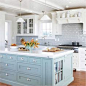 light/white cabinets - lots of flush drawers, colored glass subway tile, glass door cabinets, cookbook space