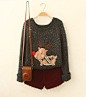 Black Long Sleeve Deer Pattern Loose Sweater