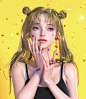 General 1920x2202 Se Young Lee CGI women blonde long hair face paint blue eyes tank top black clothing glitter yellow background portrait