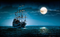 帆船海上月亮船船海洋晚上心情月亮壁纸