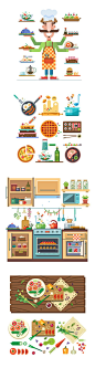 Cozy kitchen: chef with dishes, food in cooking process, interior of kitchen, table with vegetables. Vector flat illustration and icon set: