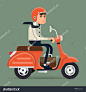 Vector modern creative flat design illustration featuring office worker commuting on retro scooter holding briefcase between legs | Man in helmet riding classic looking moped, side view