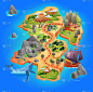 游戏中的宝藏地图，卡通的热带岛屿地图显示了海盗黄金宝藏的方向