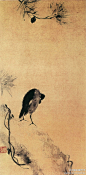 宋 法常《叭叭鸟图》--- 此图画八哥鸟立于老松干上，鸟身以极为概括的淡墨和浓墨画出，用笔与用墨十分简练，但鸟俯首啄羽的动态却生动而自然。松干和松枝以淡墨写出，又绕以富有变化的藤枝，虚实相映，笔筒墨润，堪称逸品的典范之作。(917×1870)