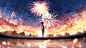 Anime 3840x2160 anime anime girls women fantasy girl digital art artwork illustration environment concept art landscape sky skyscape water sea reflection nature outdoors Sun sunlight trees fireworks wind wind chimes sad crying woman crying dress tears clo