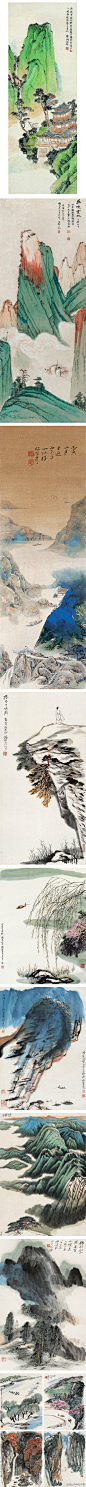 何海霞《山水画作品微展》 何海霞（1908-1998）。北京人。擅长中国画。幼从父学书法，后拜张大千为师，临习了大量古代作品，为其绘画奠定了坚实基础。特别是随师入川.长于山水，兼写花卉。所作山水取法传统，入古而化，融青绿与水墨为一体，构图布局别具一格。为长安画派的主要代表画家之一。