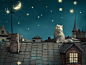 General 1280x960 night cat stars Moon fantasy art persian cat rooftops