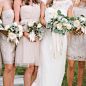 Real Bride Lindsay from @jennyyoochicago with her bridesmaids in a pretty palette of our neutral dresses captured by @rayacarlisle | tulle #jycwren alongside our metallic lace #jycharlow #jychudson dresses #jycmetallic