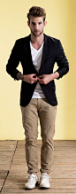 Chinos worn with simple white tee and black blazer, love!! Men's style.  " I could pull this off ": 