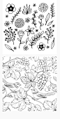 黑白线稿镂空线描各种植物花朵树叶叶子花卉搭配元素AI矢量素材-淘宝网