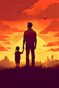 silhouette of a man in the sunset with his 8-year-old daughter. father's day, graphic, love, pastel