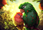 Max & Monica. Private comission : Private comission. Two parrots sitting on an orange tree branch in soft yellow light