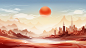 超大的太阳与喜庆的红色山川卡通背景 (6)