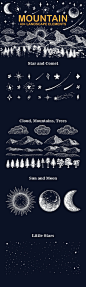 高品质的手绘矢量山地景观月亮太阳云彩星空大树树木自然元素大集合-AI, EPS, SVG, PNG