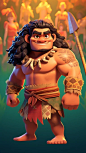 Male, bearded, thick eyebrows, back to the audience, looking back at the audience, smiling, tril chieftain, looking towards the audience, shell crown, chibi anime, hyper quality, Disney, Moana